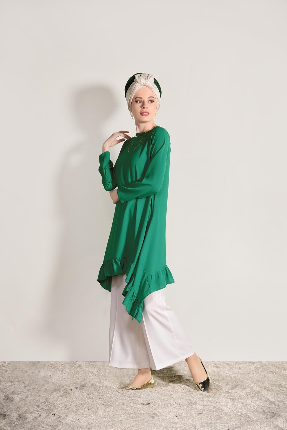 Vêtements hijab VERT TUNIQUE ASYMÉTRIQUE À VOLANTS 5003