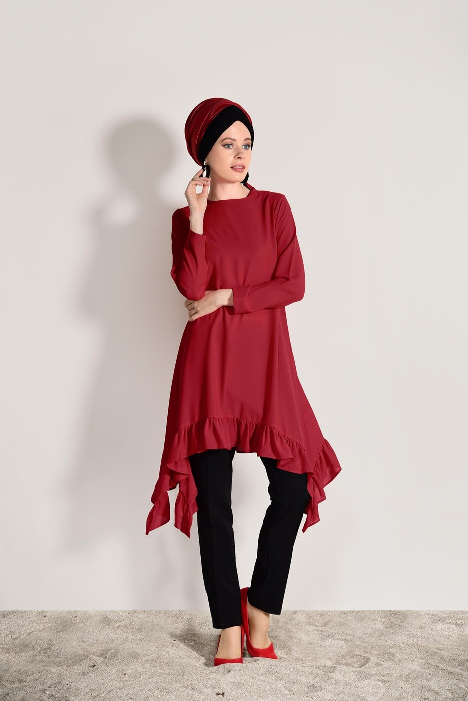 Vêtements hijab ROUGE TUNIQUE ASYMÉTRIQUE À VOLANTS 5003