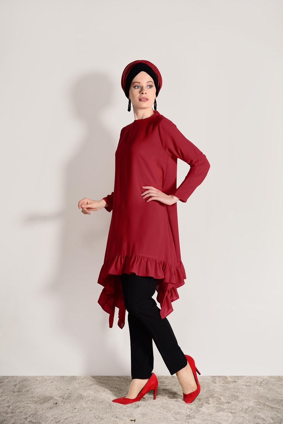 Vêtements hijab ROUGE TUNIQUE ASYMÉTRIQUE À VOLANTS 5003