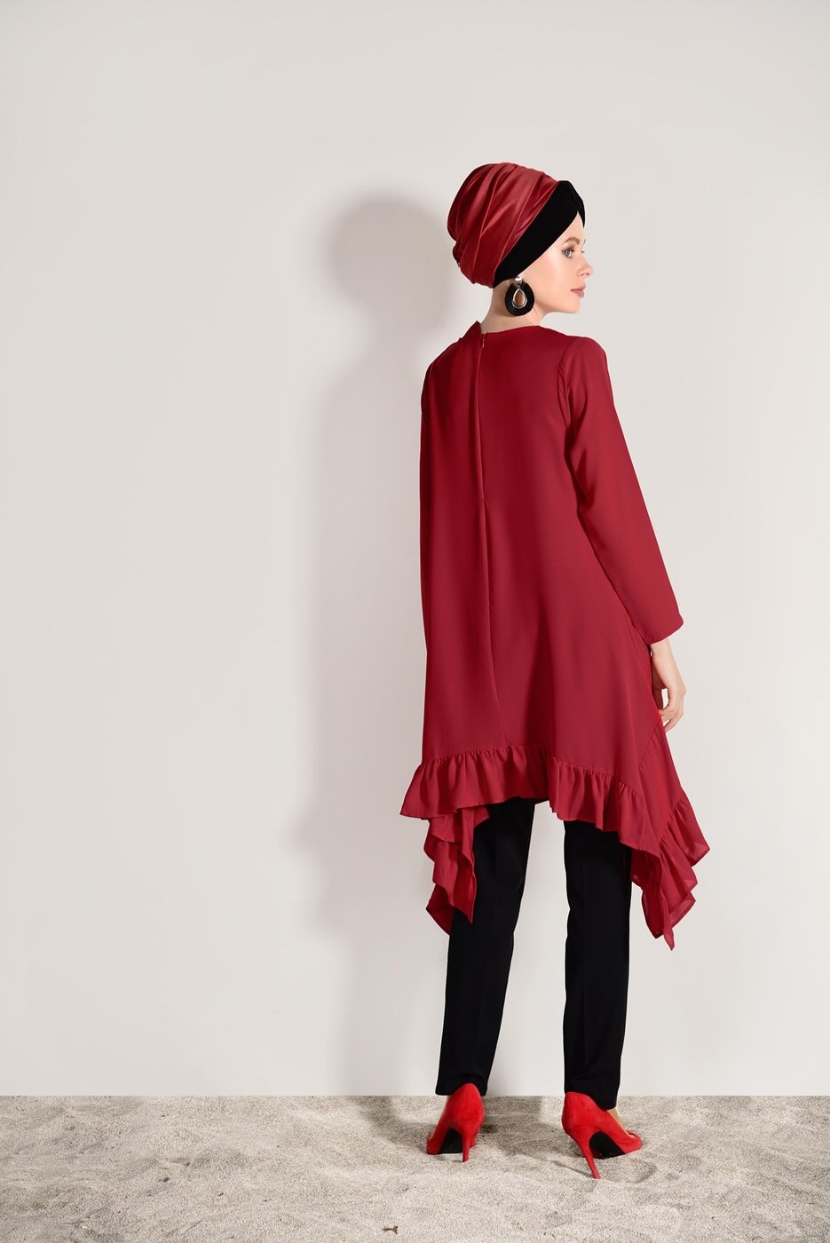 Vêtements hijab ROUGE TUNIQUE ASYMÉTRIQUE À VOLANTS 5003