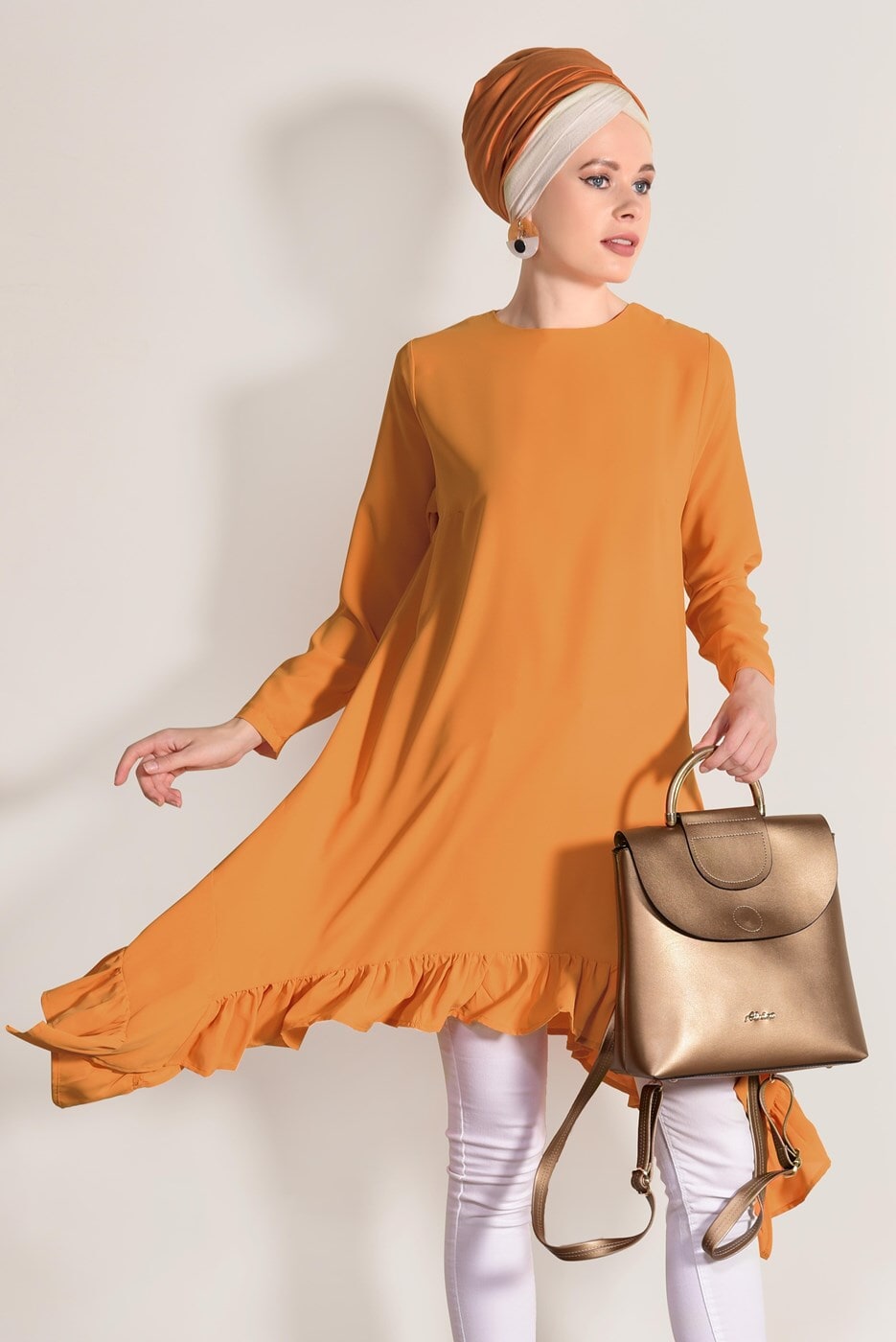 Hijab clothing ORANGE ASYMMETRIC RUFFLED TUNIC 5003 