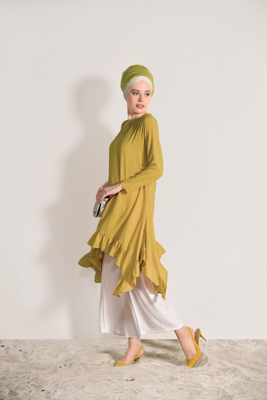 Vêtements hijab JAUNE TUNIQUE ASYMÉTRIQUE À VOLANTS 5003