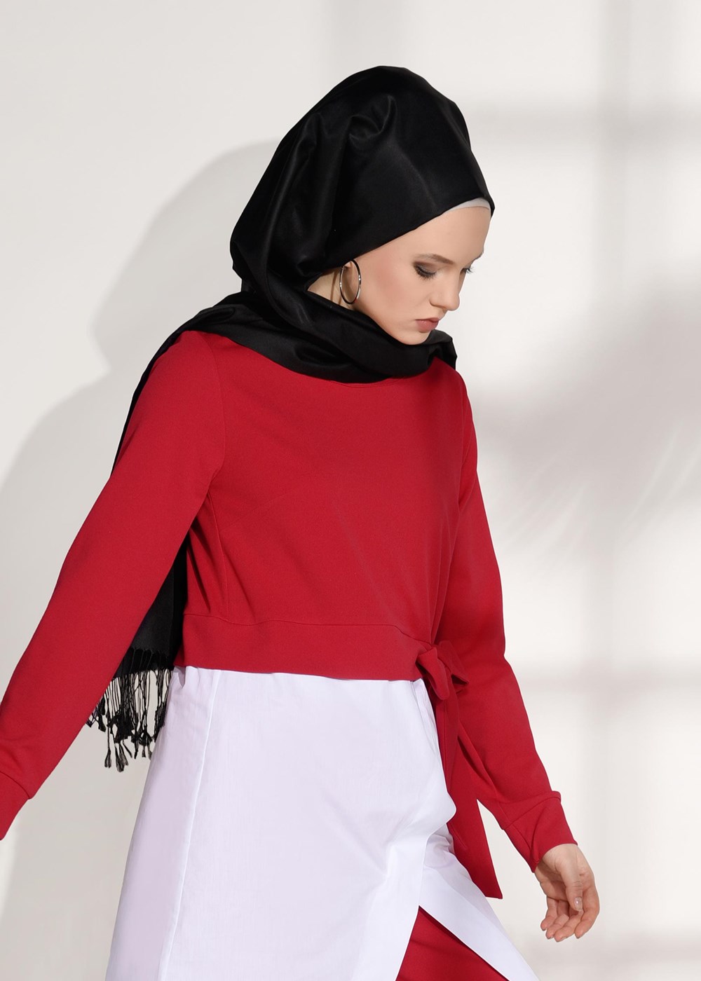 Tesettür giyim KIRMIZI T 5004 Loreen- Kuşaklı Tunik