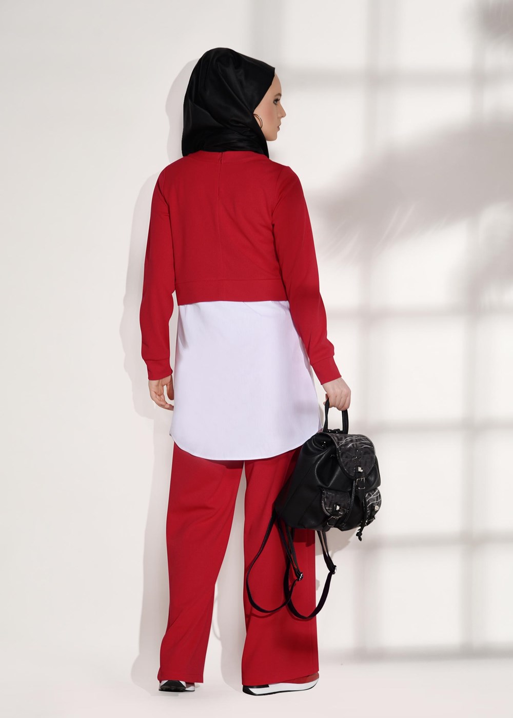 Tesettür giyim KIRMIZI T 5004 Loreen- Kuşaklı Tunik