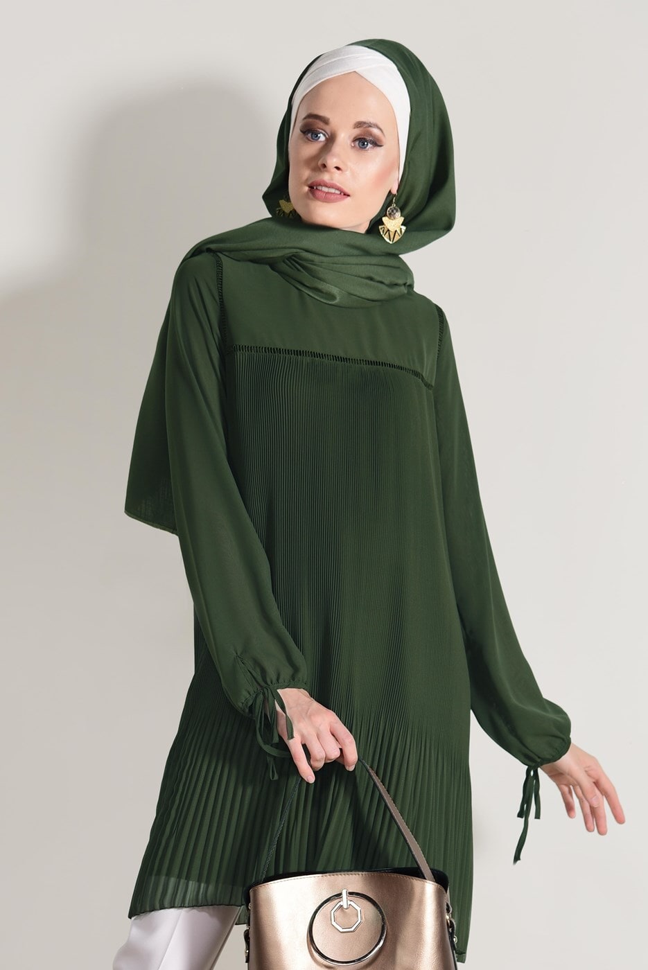 Tesettür giyim HAKİ PİLİSE DETAYLI TUNİK 5054 