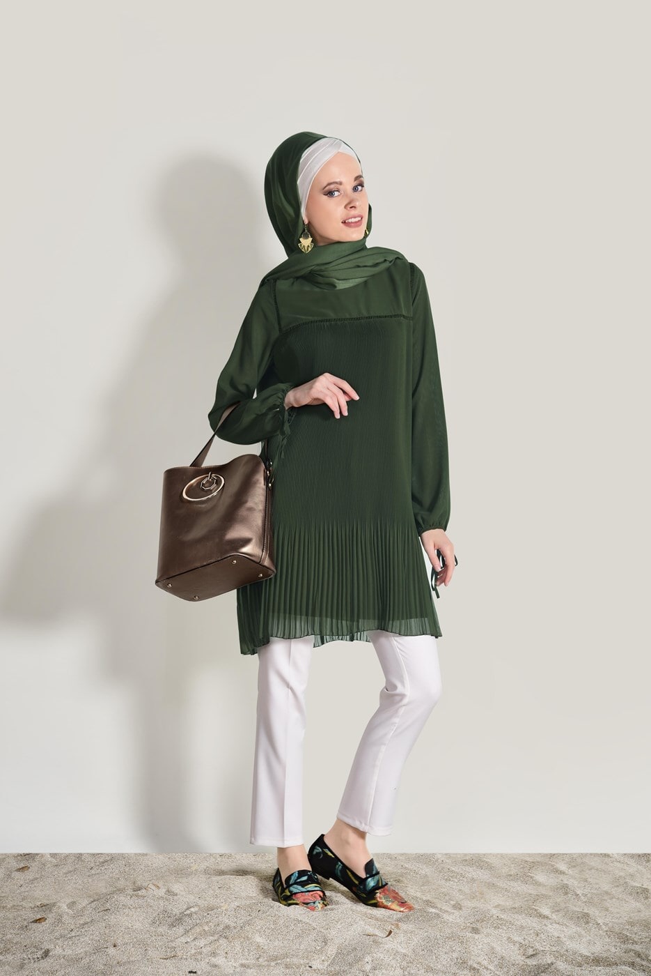 Tesettür giyim HAKİ PİLİSE DETAYLI TUNİK 5054 