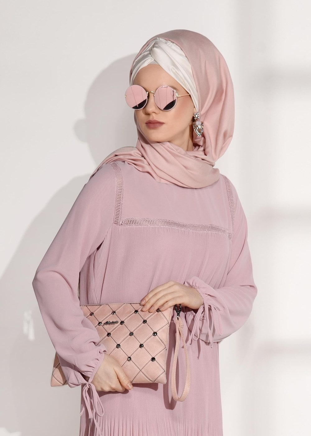 Tesettür giyim PEMBE PİLİSE DETAYLI TUNİK 5054 