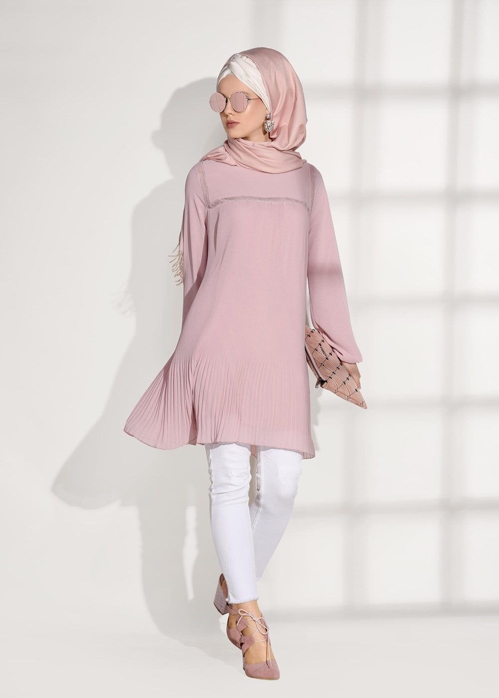Tesettür giyim PEMBE PİLİSE DETAYLI TUNİK 5054 