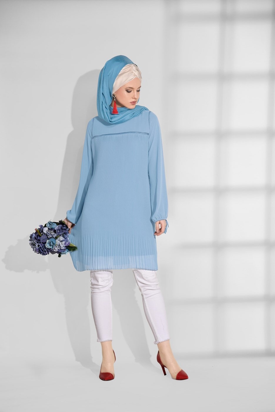 Tesettür giyim MAVİ PİLİSE DETAYLI TUNİK 5054 