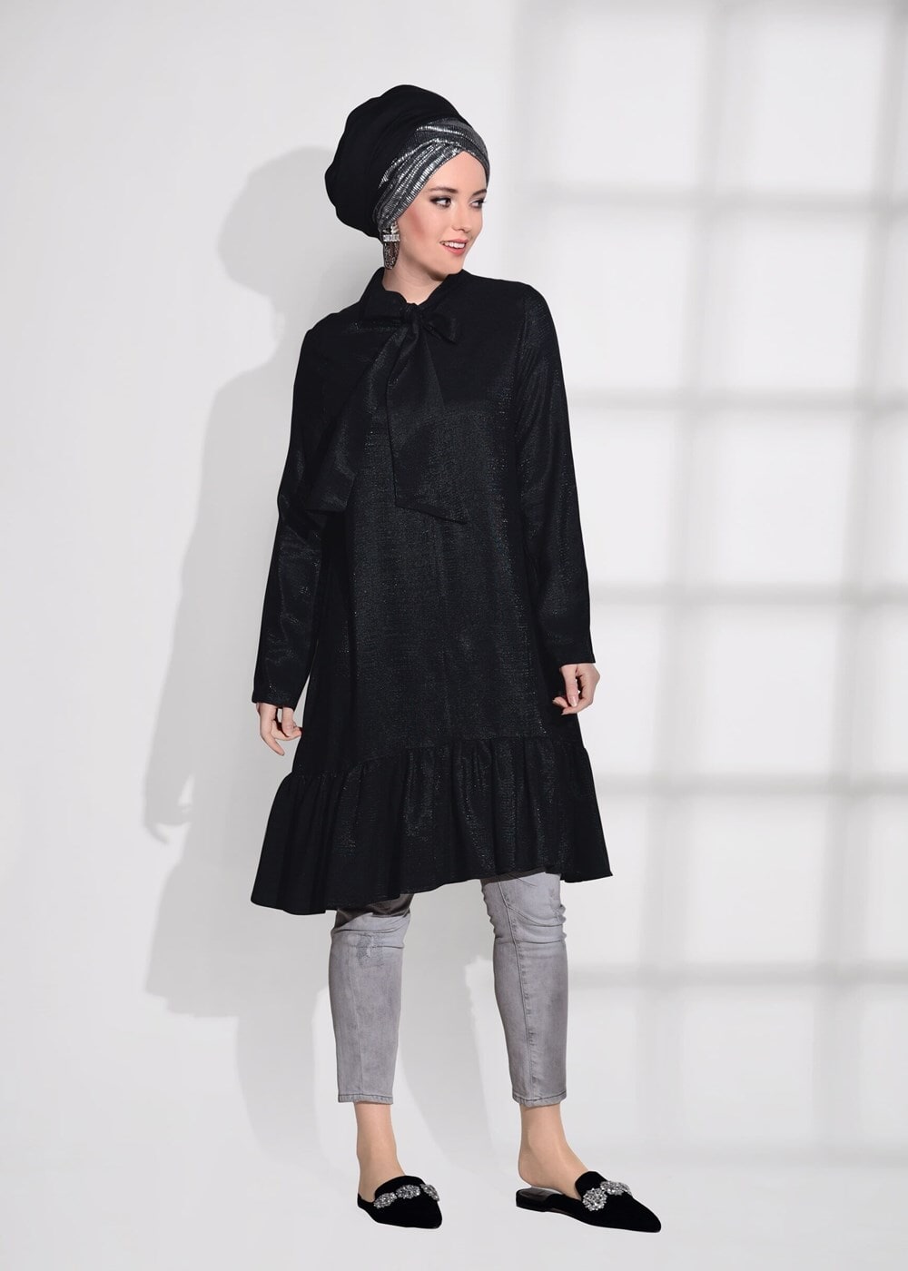 Tesettür giyim SİYAH T 5065 Asmiray- Simli Tunik