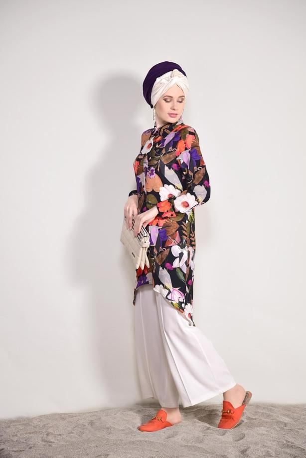 Tesettür giyim  T 5086 Ayriss- Çiçek Desenli Tunik - TRENDTESETTÜR