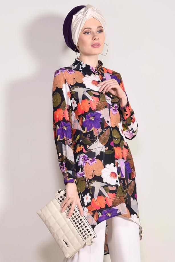 Tesettür giyim  T 5086 Ayriss- Çiçek Desenli Tunik - TRENDTESETTÜR