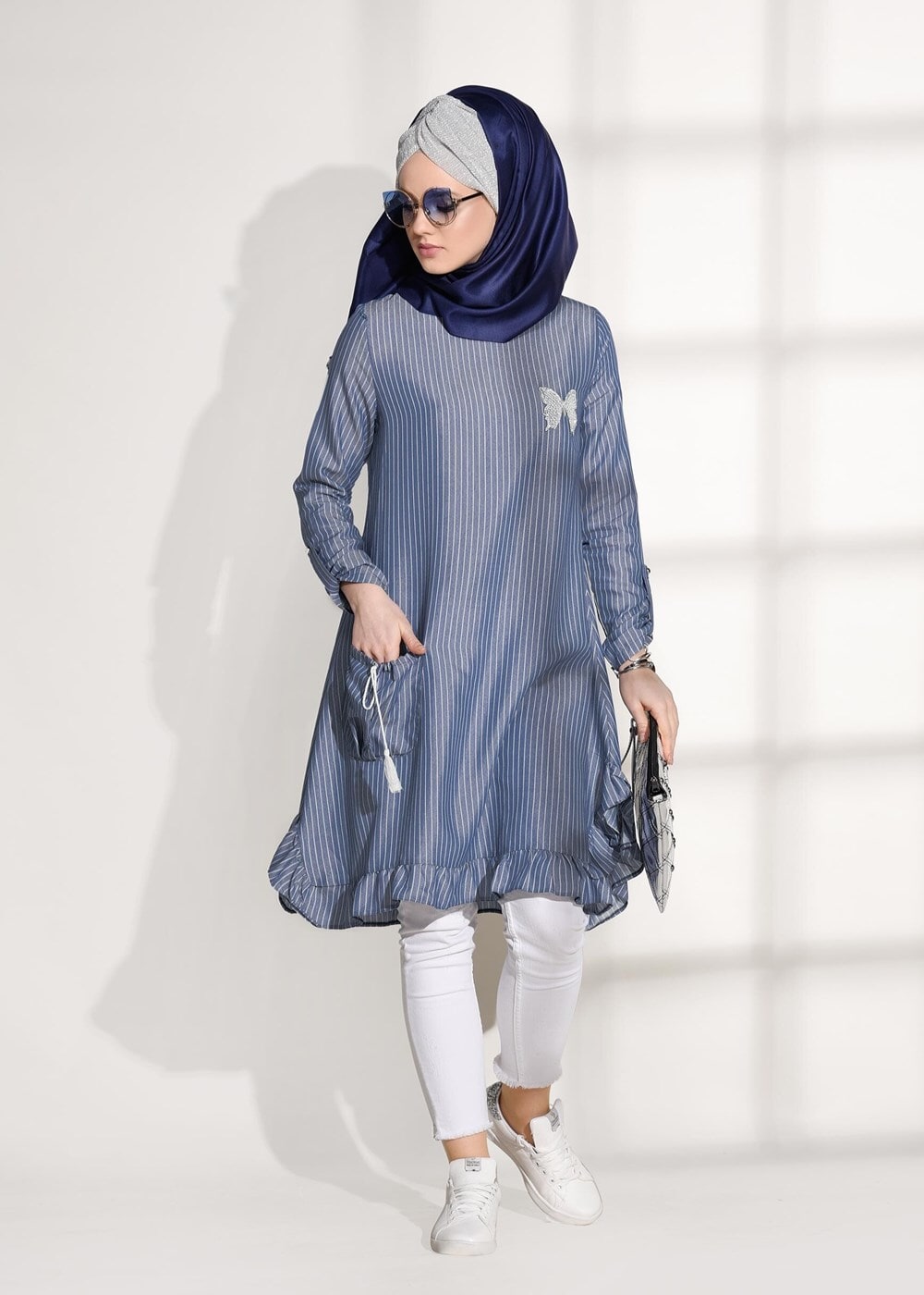 Vêtements hijab BLEU MARINE TUNIQUE À RAYURES 5335