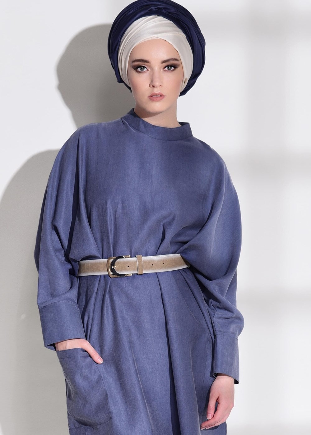 Tesettür giyim LACİVERT T 5575 Asmiray- Cep Detaylı Salaş Tunik