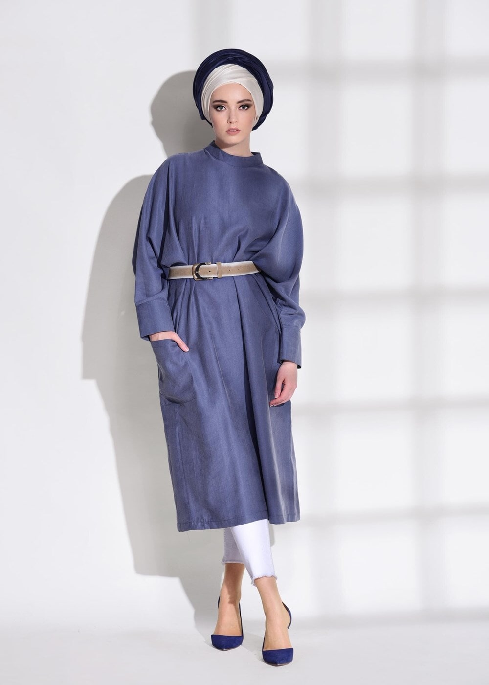 Tesettür giyim LACİVERT T 5575 Asmiray- Cep Detaylı Salaş Tunik