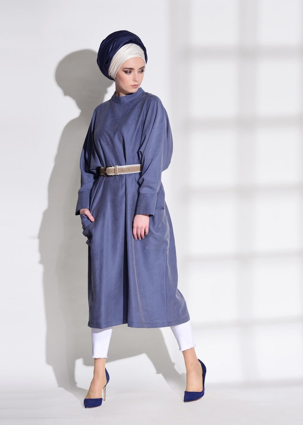 Tesettür giyim LACİVERT T 5575 Asmiray- Cep Detaylı Salaş Tunik