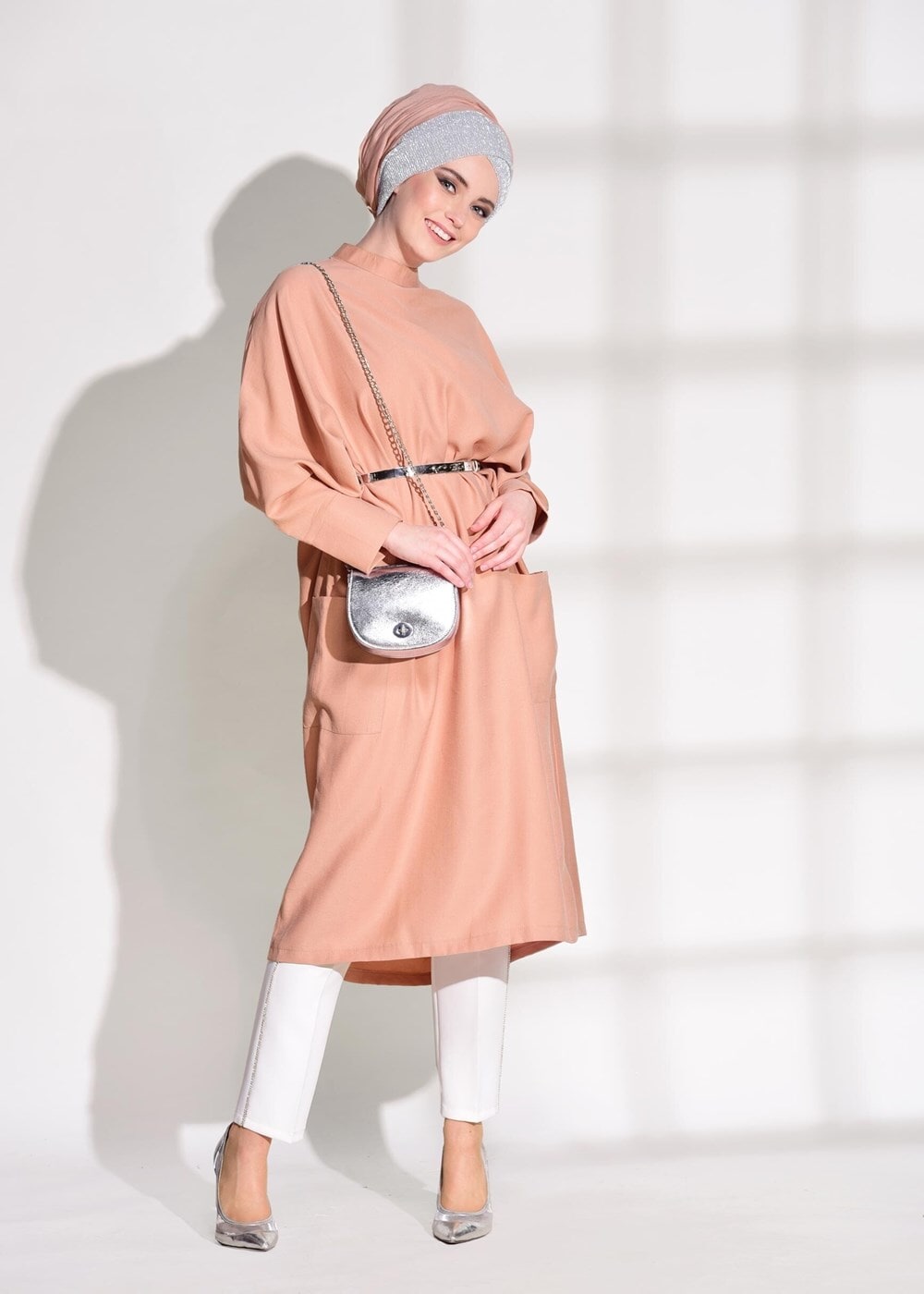 Tesettür giyim PEMBE T 5575 Asmiray- Cep Detaylı Salaş Tunik