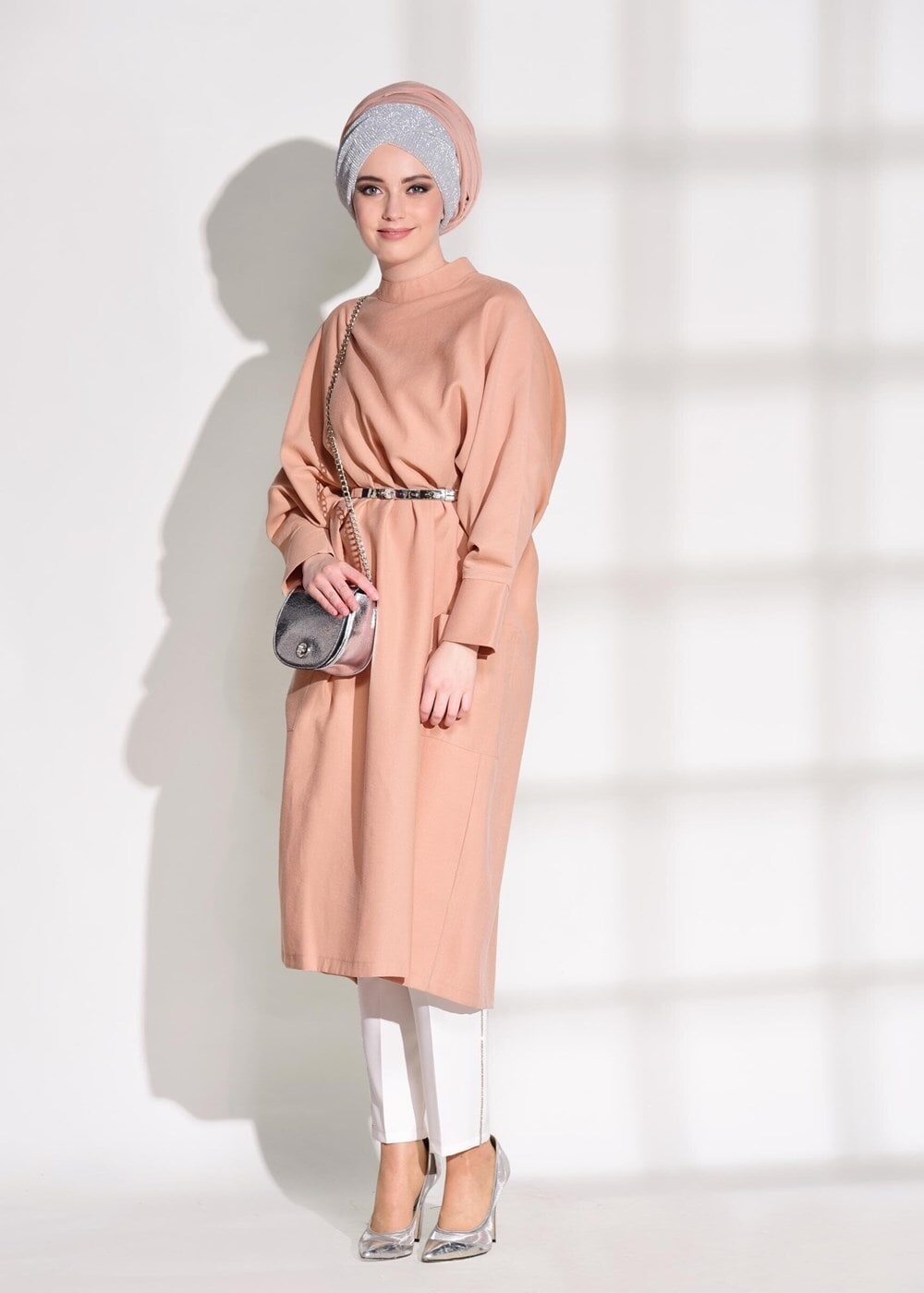 Tesettür giyim PEMBE T 5575 Asmiray- Cep Detaylı Salaş Tunik