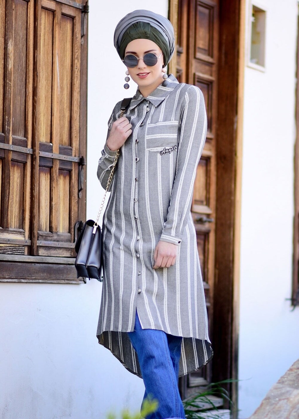 Tesettür giyim GRİ T 5665 Asmiray-Çizgi Detaylı Tunik