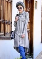 Tesettür giyim GRİ T 5665 Asmiray-Çizgi Detaylı Tunik