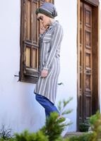 Tesettür giyim GRİ T 5665 Asmiray-Çizgi Detaylı Tunik