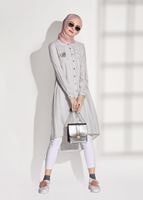 Tesettür giyim BEJ T 5665 Asmiray-Çizgi Detaylı Tunik