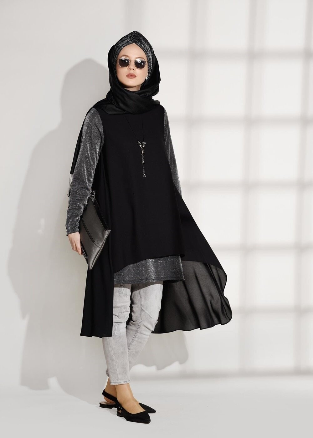 Tesettür giyim SİYAH T 5851 ModaBu-Sim Detaylı Tunik