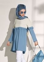 Tesettür giyim MAVİ T 5951 ModaBu-Fırfırlı Düğmeli Tunik