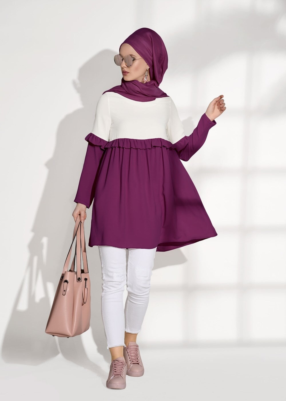 Tesettür giyim FUŞYA T 5951 ModaBu-Fırfırlı Düğmeli Tunik