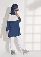 Tesettür giyim LACİVERT T 5951 ModaBu-Fırfırlı Düğmeli Tunik