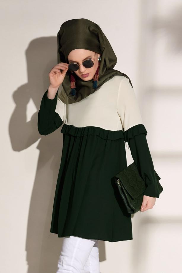 Tesettür giyim  T 5951 ModaBu-Fırfırlı Düğmeli Tunik - TRENDTESETTÜR