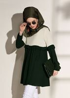 Tesettür giyim YEŞİL T 5951 ModaBu-Fırfırlı Düğmeli Tunik