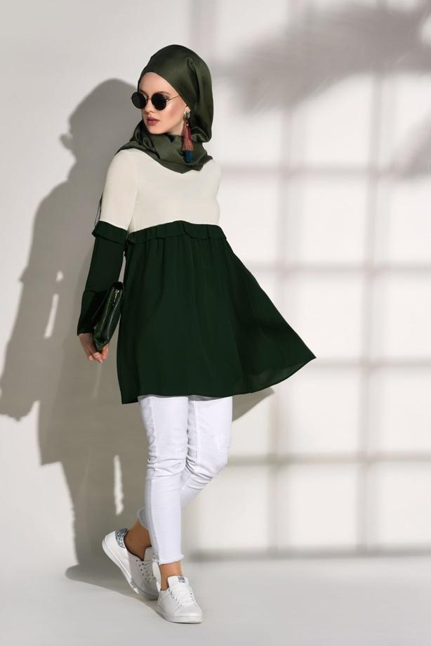 Tesettür giyim  T 5951 ModaBu-Fırfırlı Düğmeli Tunik - TRENDTESETTÜR