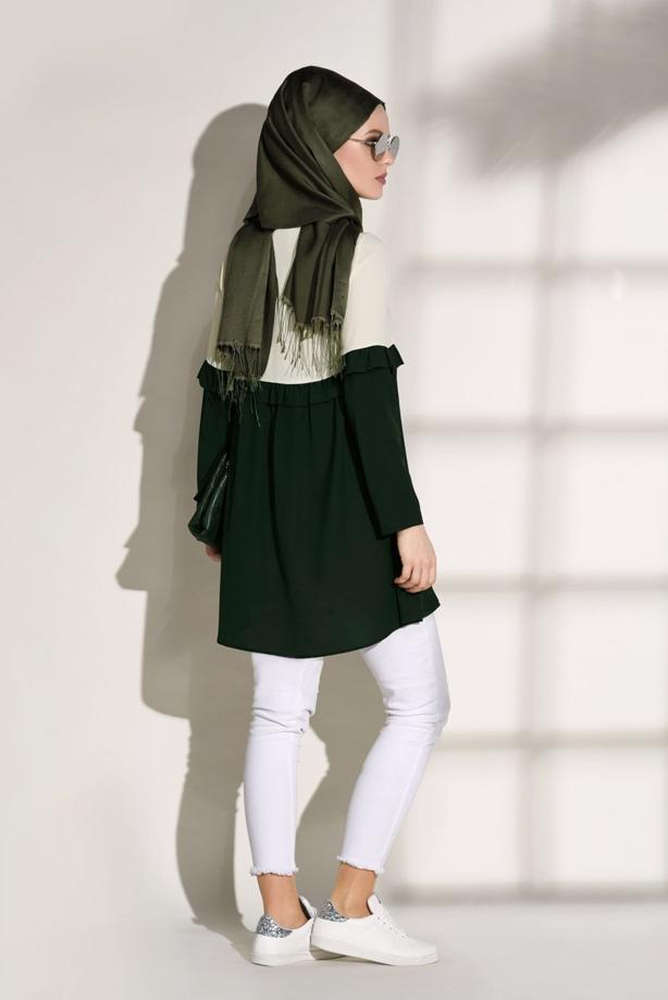 Tesettür giyim  T 5951 ModaBu-Fırfırlı Düğmeli Tunik - TRENDTESETTÜR