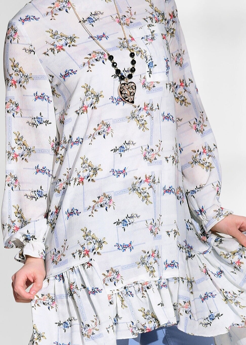 Tesettür giyim MAVİ T 5968 Mısra-Çiçek Desenli Tunik