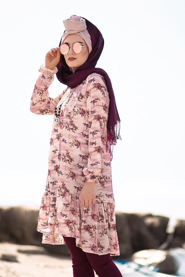 Hijab-Kleidung  T 5968 Mısra-Çiçek Desenli Tunik - TRENDTESETTÜR