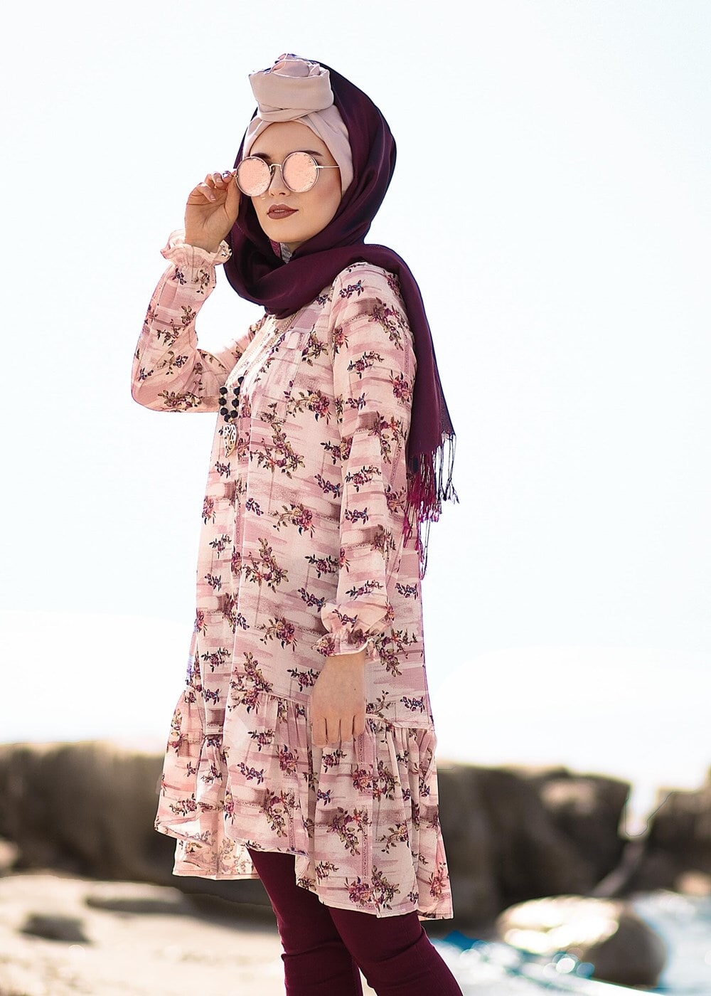 Tesettür giyim PUDRA T 5968 Mısra-Çiçek Desenli Tunik