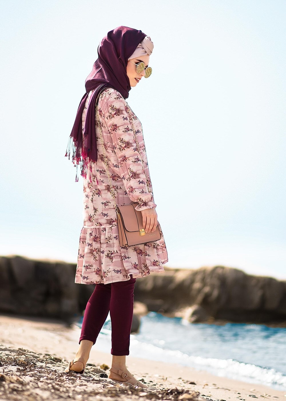 Tesettür giyim PUDRA T 5968 Mısra-Çiçek Desenli Tunik