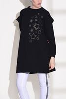 Tesettür giyim SİYAH T 6118 Bwest- Yıldız İşlemeli Spor Tunik
