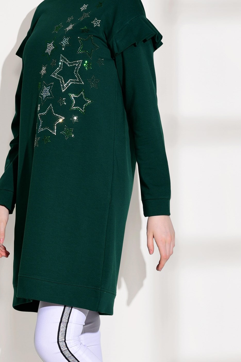 Tesettür giyim YEŞİL T 6118 Bwest- Yıldız İşlemeli Spor Tunik