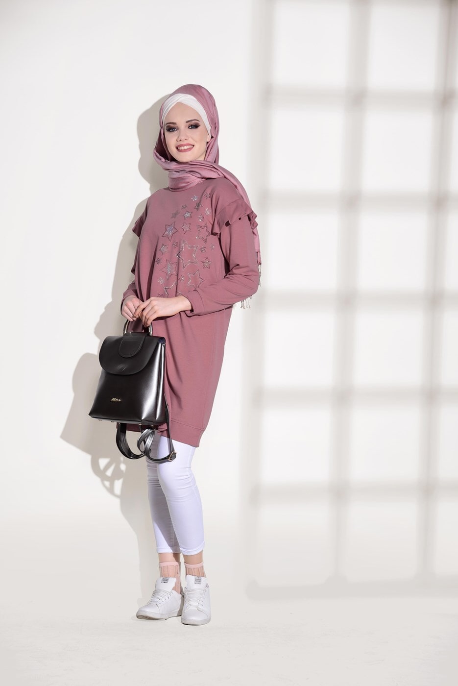 Tesettür giyim PEMBE T 6118 Bwest- Yıldız İşlemeli Spor Tunik