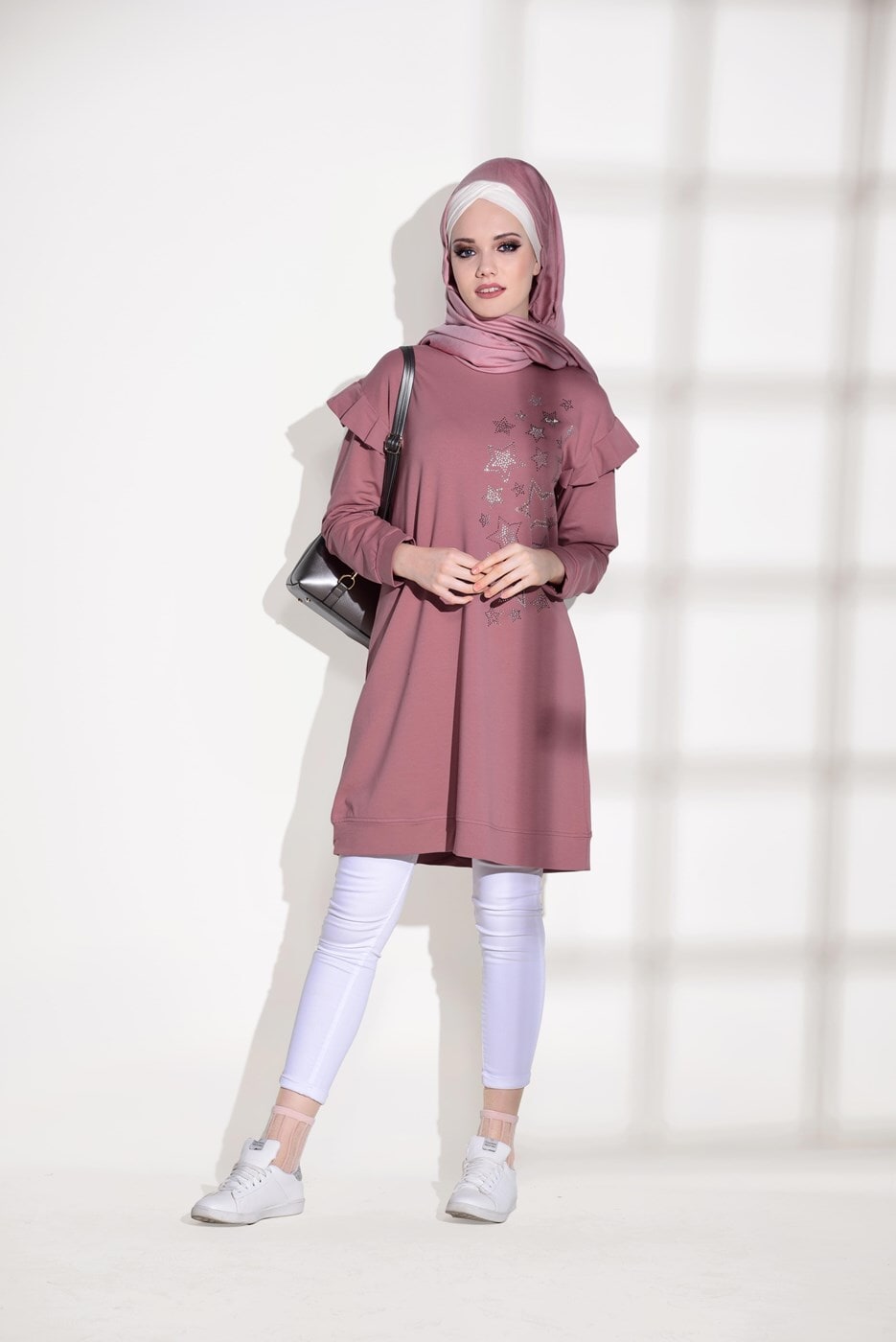 Tesettür giyim PEMBE T 6118 Bwest- Yıldız İşlemeli Spor Tunik