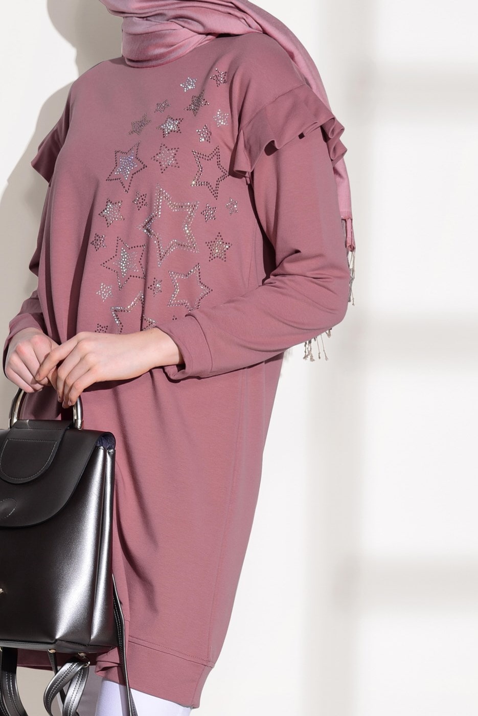Tesettür giyim PEMBE T 6118 Bwest- Yıldız İşlemeli Spor Tunik