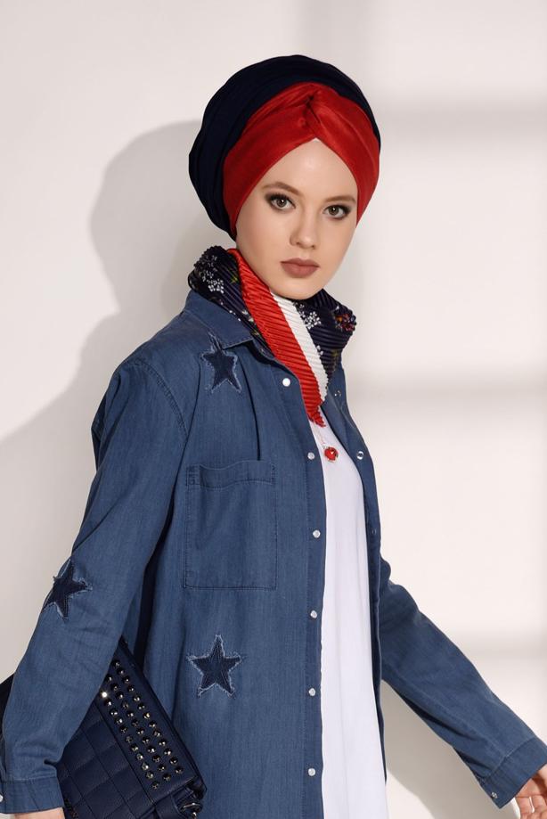Tesettür giyim  T 6126 Magazin-Arma Detaylı Denim Tunik - TRENDTESETTÜR