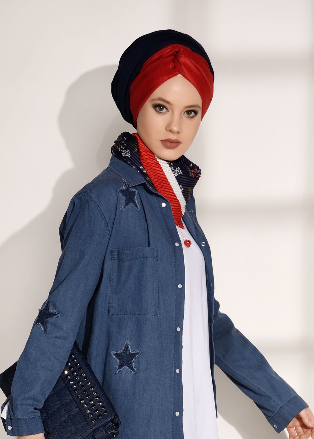 Tesettür giyim LACİVERT T 6126 Magazin-Arma Detaylı Denim Tunik