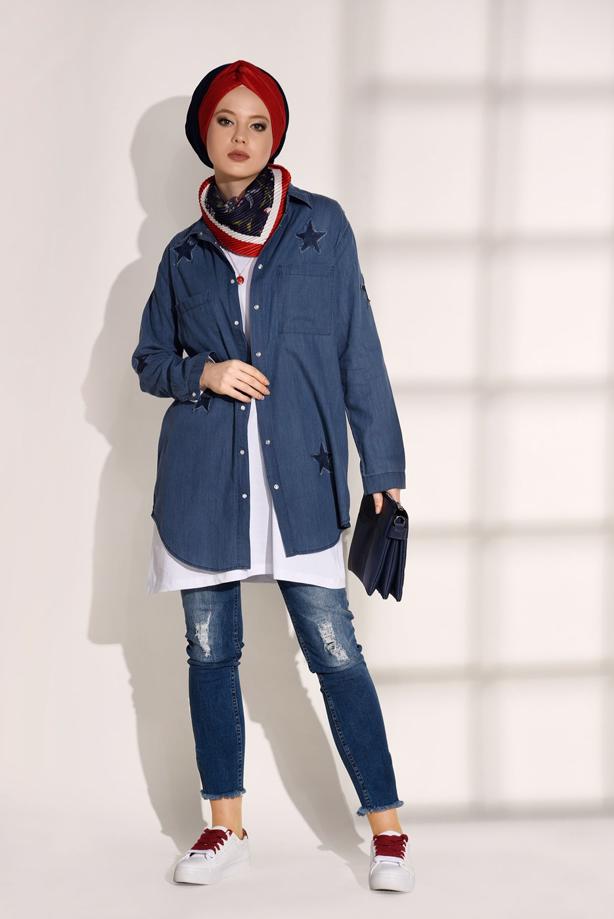 Tesettür giyim  T 6126 Magazin-Arma Detaylı Denim Tunik - TRENDTESETTÜR