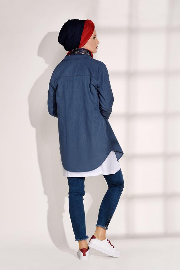 Tesettür giyim  T 6126 Magazin-Arma Detaylı Denim Tunik - TRENDTESETTÜR