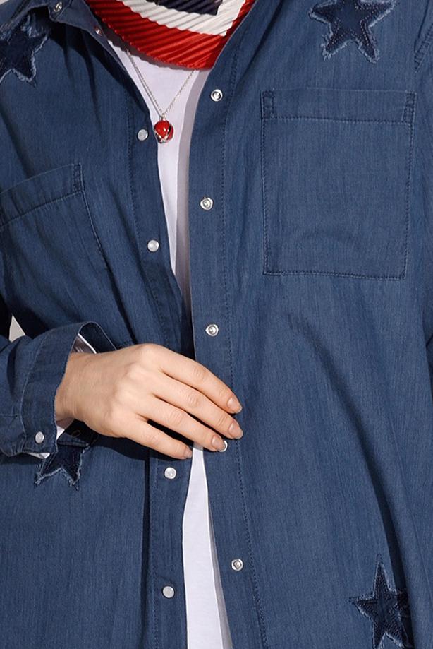 Tesettür giyim  T 6126 Magazin-Arma Detaylı Denim Tunik - TRENDTESETTÜR