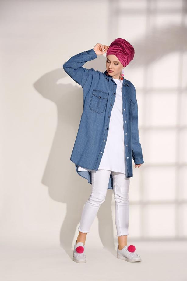Tesettür giyim  T 6326 Magazin-Salaş Kesim Denim Tunik - TRENDTESETTÜR
