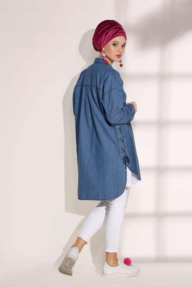 Tesettür giyim  T 6326 Magazin-Salaş Kesim Denim Tunik - TRENDTESETTÜR